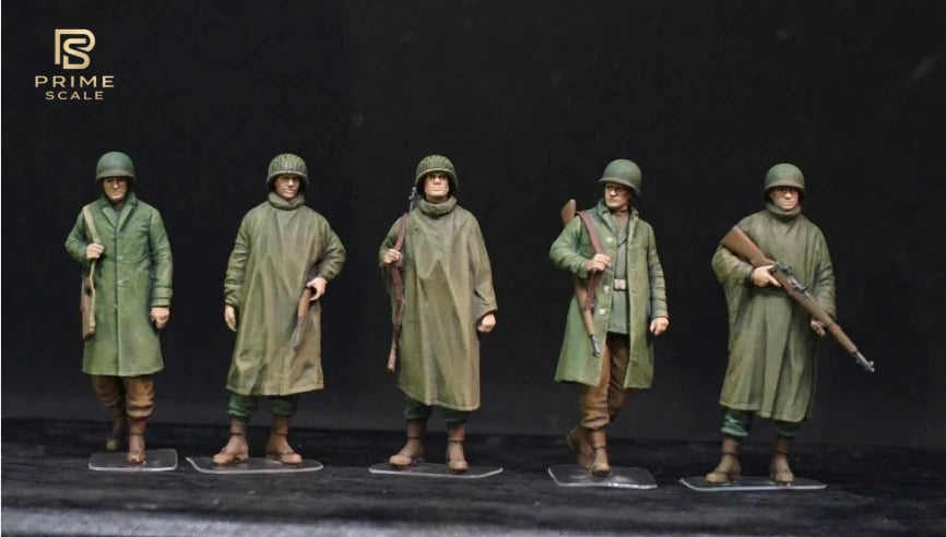 1/35 WWII US Soldiers Rainwear Figure Set, Hand Painted American Army Military Miniatures, 5 Figures for WW2 Diorama