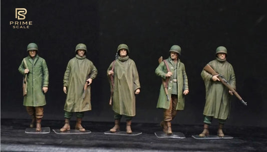 1/35 WWII US Soldiers Rainwear Figure Set, Hand Painted American Army Military Miniatures, 5 Figures for WW2 Diorama